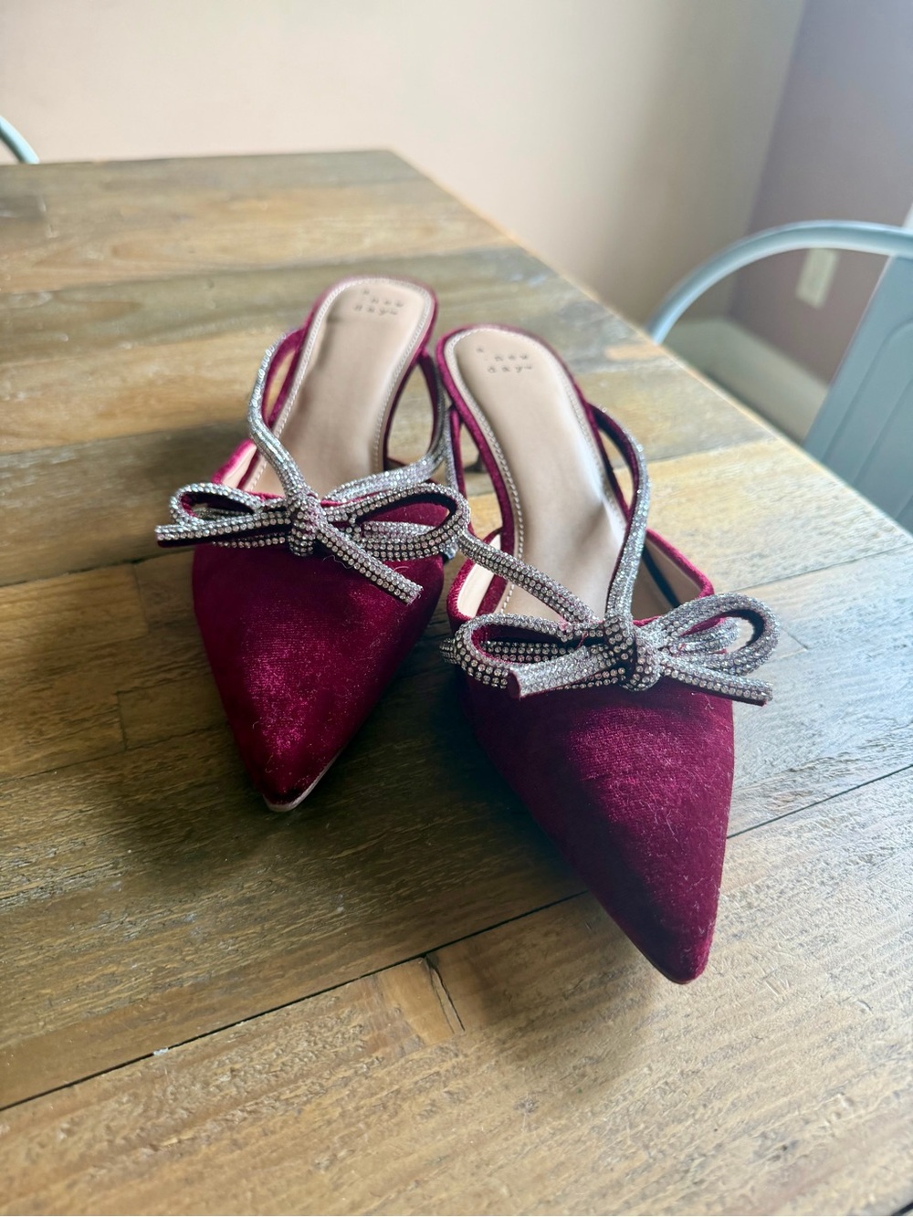 Women's Burgundy Pointed Toe Slingback Heels with Crystal Bow